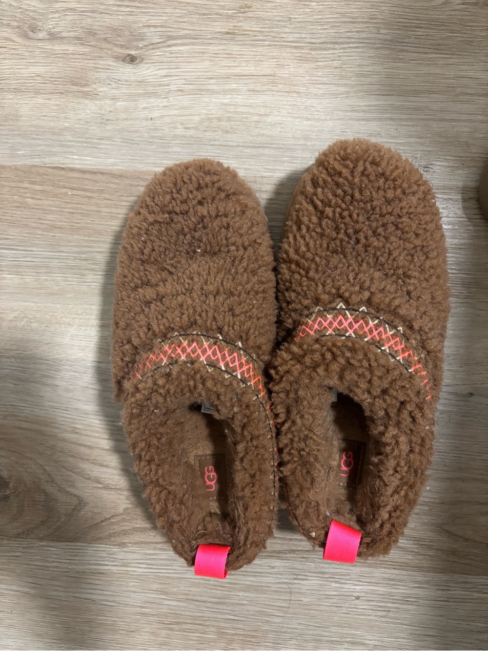 UGG Brown Fuzz Slip-On Shoes with Pink Accents